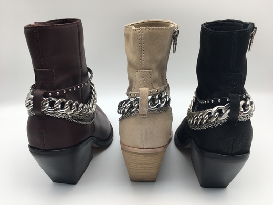 Váy nữ da nappa mềm màu đen Boots thấp có dây kéo YKK ， thiết kế vòng kim loại d Gót gỗ vuông