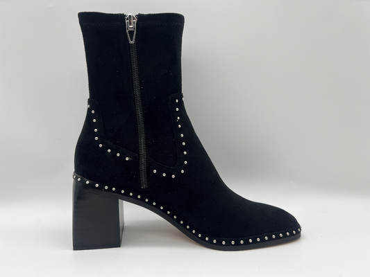 da lộn mềm và vải lycra co giãn màu đen Váy nữ cổ chân Boots với thiết kế dây kéo kim loại ， gót vuông abs