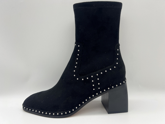da lộn mềm và vải lycra co giãn màu đen Váy nữ cổ chân Boots với thiết kế dây kéo kim loại ， gót vuông abs