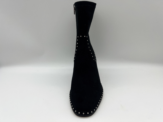 da lộn mềm và vải lycra co giãn màu đen Váy nữ cổ chân Boots với thiết kế dây kéo kim loại ， gót vuông abs