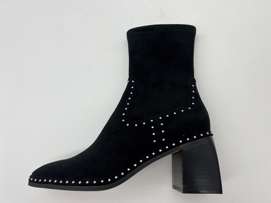 da lộn mềm và vải lycra co giãn màu đen Váy nữ cổ chân Boots với thiết kế dây kéo kim loại ， gót vuông abs