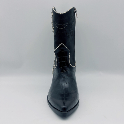 Giày da nữ SGS ROHS Boots da Nappa mềm da cá sấu màu đen Giày cổ chân in hình cá sấu