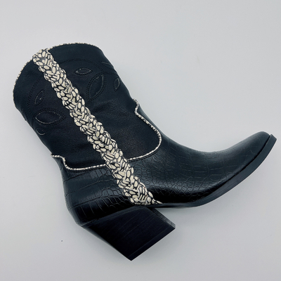 Giày da nữ SGS ROHS Boots da Nappa mềm da cá sấu màu đen Giày cổ chân in hình cá sấu