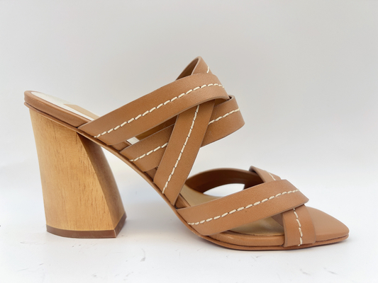 Tan Ankle Strap Womens Dress Shoes 3 Inch Chunky Heel Open Toe Sandals SGS