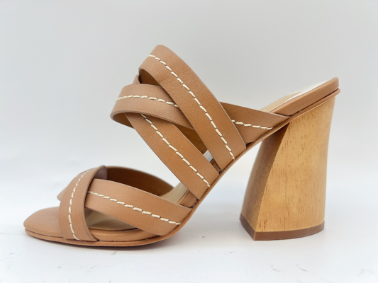 Tan Ankle Strap Womens Dress Shoes 3 Inch Chunky Heel Open Toe Sandals SGS