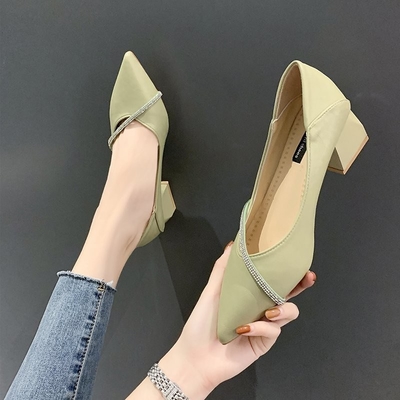 Thiết Kế Mới Thời Trang Mùa Xuân Mũi Nhọn Giày Đơn Nữ Giày Da 4 Cm Gót Vuông Nữ Giày Công Sở Thanh Lịch