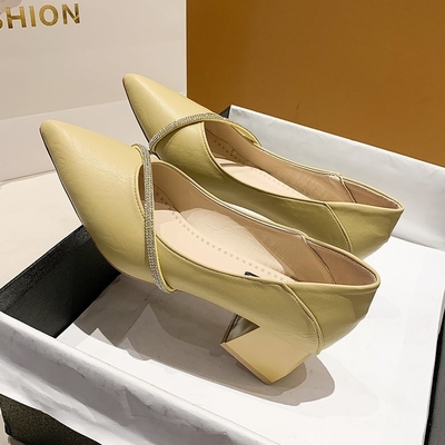 Thiết Kế Mới Thời Trang Mùa Xuân Mũi Nhọn Giày Đơn Nữ Giày Da 4 Cm Gót Vuông Nữ Giày Công Sở Thanh Lịch