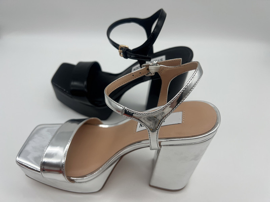 Bằng sáng chế Pu Womens Leather Dress Shoes Square Toe Silver Black Chunky Heel