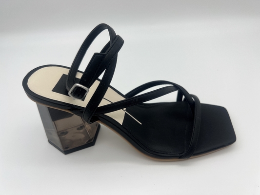 Rộng vừa vặn cho nữ màu đen Dép da mềm Summer Square Toe Ankle Strap Gót