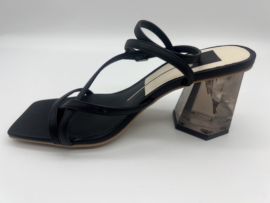 Rộng vừa vặn cho nữ màu đen Dép da mềm Summer Square Toe Ankle Strap Gót
