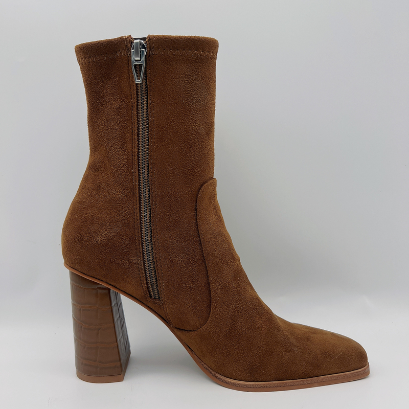 Váy da lộn dành cho phụ nữ bằng da bò Boots Square Toe Lt Brown TPR Đế ngoài với mủ cao su có thể dùng được